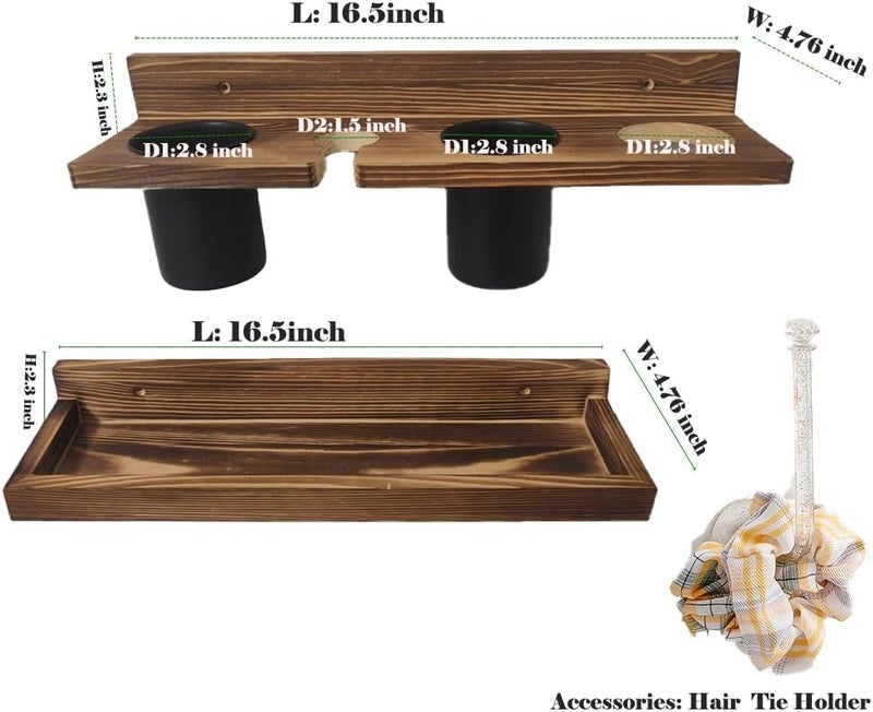 Ayxeute Wall-Mounted Hair Tool Organizer with Heat Resistance - Set of 2 Layer Rustic Blow Dryer Holder (Dark Brown) - Image 2
